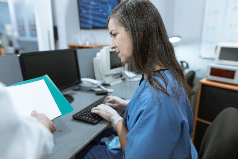 A clinician typing notes at a workstation