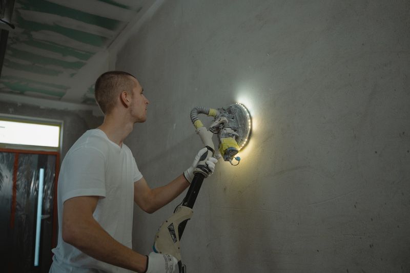 A tradesperson sanding a wall during an interior renovation
